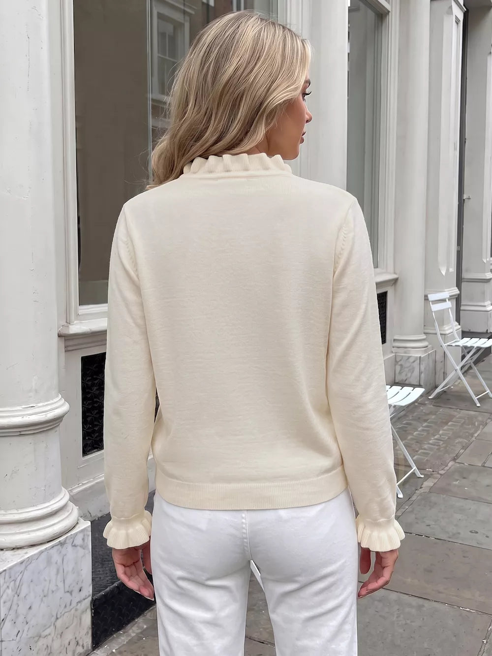 Ruffle Trim Pearl Button V-neck Knit Top in Apricot, alternate angle