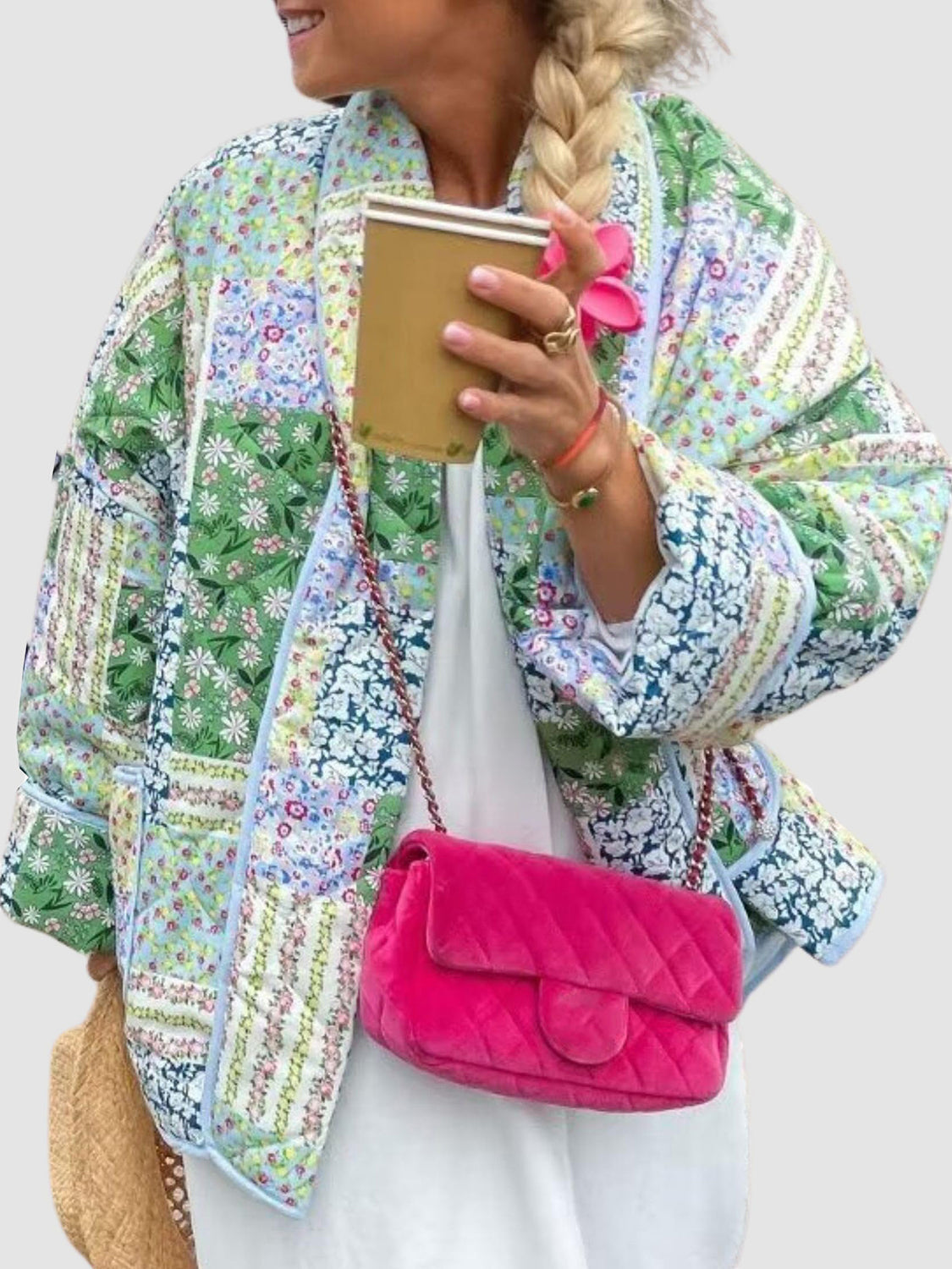 Floral quilted patchwork jacket in green and blue floral prints, with a relaxed fit.
