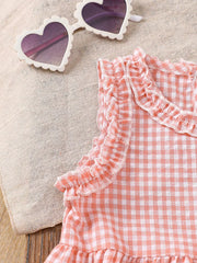 Pink gingham baby set with ruffled neckline and sleeves.