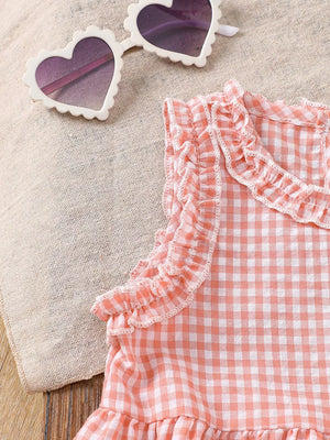 Pink gingham baby set with ruffled neckline and sleeves.