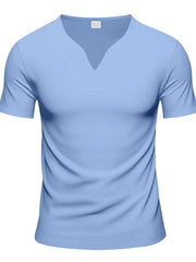 Light blue V-neck performance tee with short sleeves and a subtle stitched detail at the neckline.