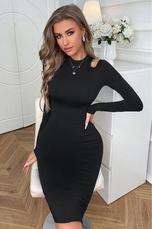 Black midi dress with cutout shoulders and ruched sides.