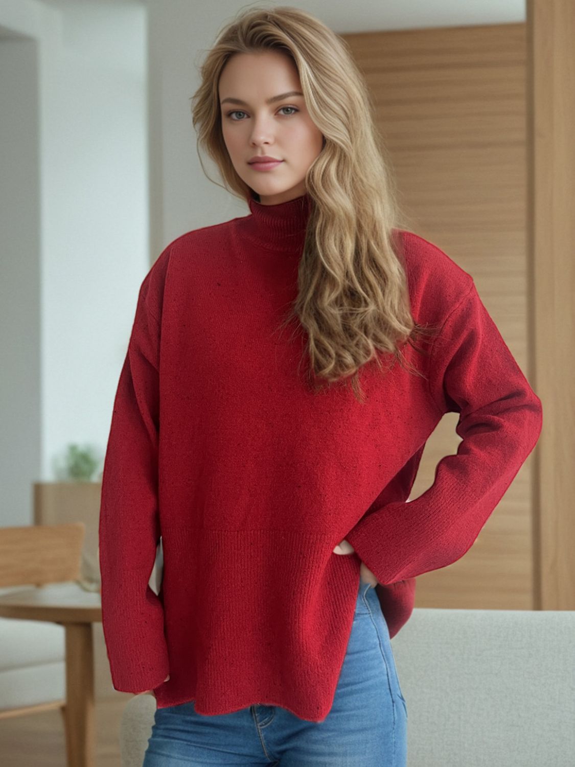 Scarlet ribbed turtleneck sweater with slit sides and a textured knit hem.