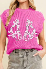 Fuchsia pink ribbed knit vest with white embroidered horses, sleeveless, crew neck.