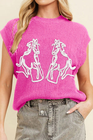Fuchsia pink ribbed knit vest with white embroidered horses, sleeveless, crew neck.