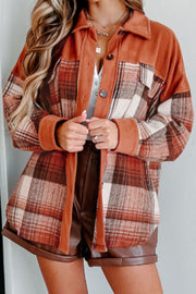 Colorblock plaid shacket in terracotta with contrast cuffs and button front.