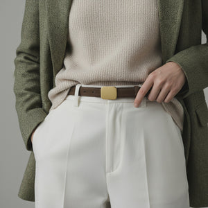 Brown cowhide leather belt with square gold buckle, styled casually.