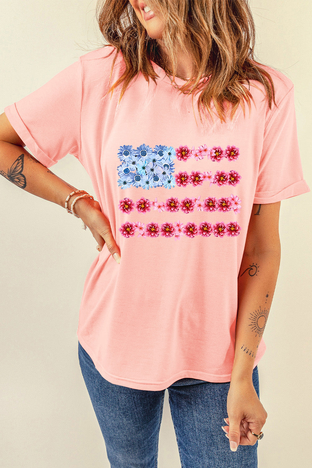 Floral flag graphic tee in watermelon pink cotton with short sleeves and a crew neck.