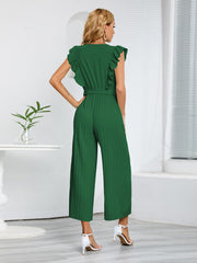 Dark green pleated ruffle wrap jumpsuit with belt and wide legs.