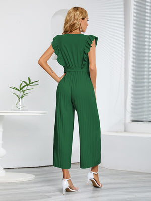 Dark green pleated ruffle wrap jumpsuit with belt and wide legs.