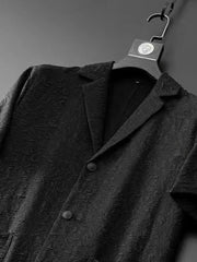 Men's Plus Size Button Up Shirt And Pants Set in Black, fabric detail