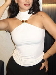 White asymmetrical halter neck tank top with gold ring detail