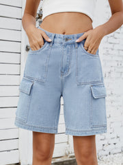Light blue denim Bermuda cargo shorts with multiple pockets and contrast stitching.