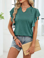 Dark green ruffled sleeve notched V-neck tee with a casual, elegant style.