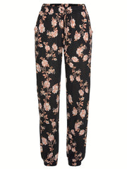 Black floral print drawstring jogger trousers with pockets