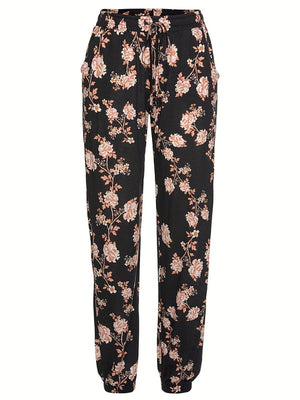 Black floral print drawstring jogger trousers with pockets
