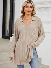 Ribbed knit collared tunic top in Dust Storm with slit hem and long sleeves.