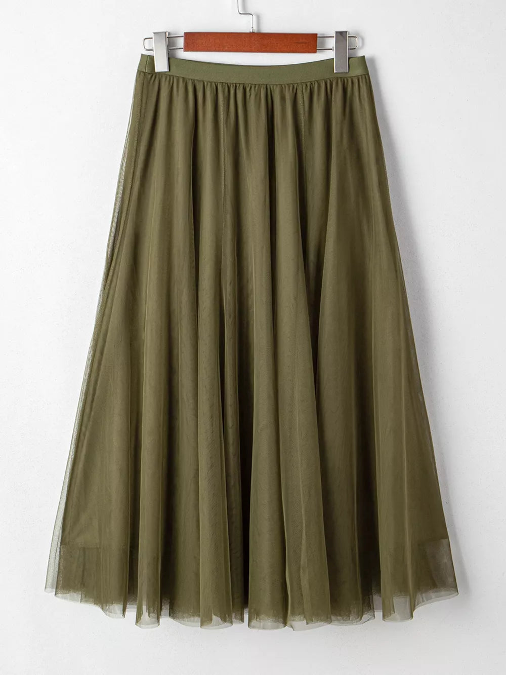 Army green tulle A-line midi skirt with elastic waistband and pleated detail.
