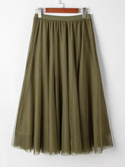 Army green tulle A-line midi skirt with elastic waistband and pleated detail.