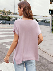 Dusty Pink knit tee with cap sleeves and slit neckline, casual acrylic material.