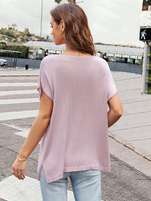 Dusty Pink knit tee with cap sleeves and slit neckline, casual acrylic material.