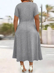 Full Size Glitter Flutter Sleeve Midi Dress Plus Size in Silver Gray, back view