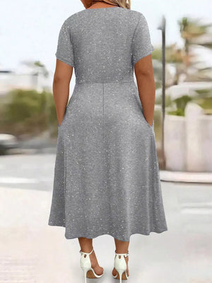 Full Size Glitter Flutter Sleeve Midi Dress Plus Size in Silver Gray, back view