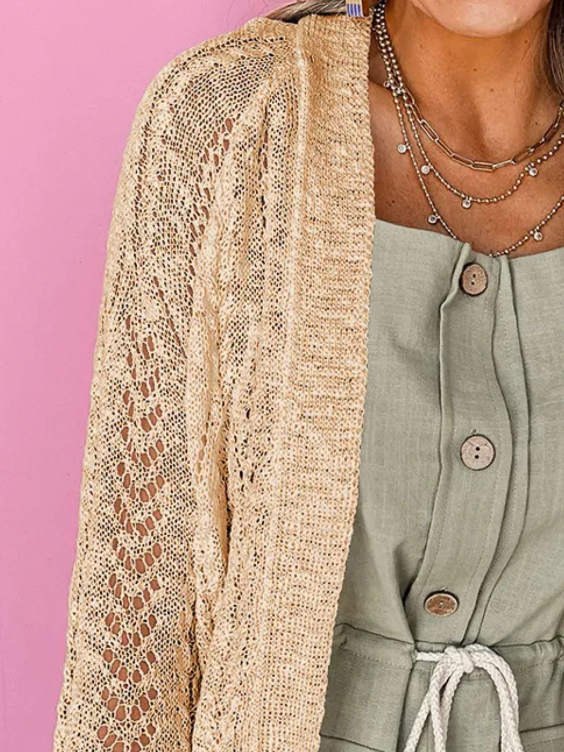 Tan openwork chevron knit cardigan with lace detail on sleeve