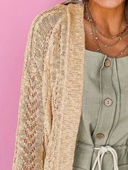 Tan openwork chevron knit cardigan with lace detail on sleeve