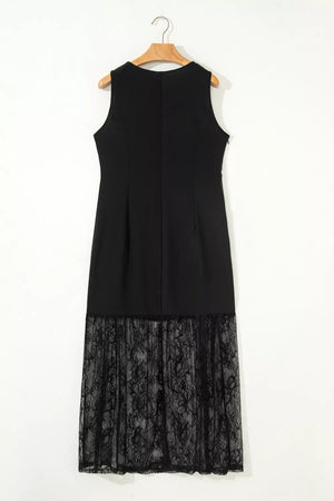 Black lace maxi dress with sheer lace hem detail.