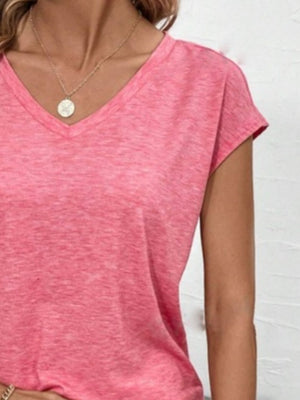Cap sleeve slouchy v-neck tee in burnt coral with heathered texture.