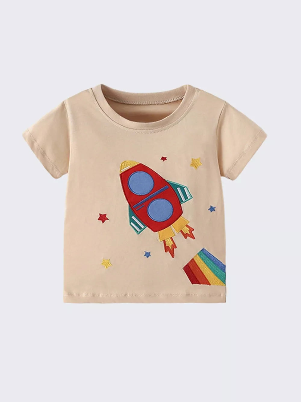Toddler beige cotton t-shirt with embroidered rocket and stars.