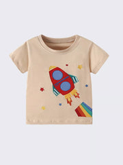 Toddler beige cotton t-shirt with embroidered rocket and stars.