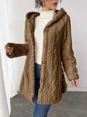 Camel textured hooded coat with button detail and cable knit pattern.