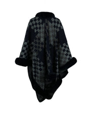 Charcoal diamond checkered poncho with faux fur trim and collar