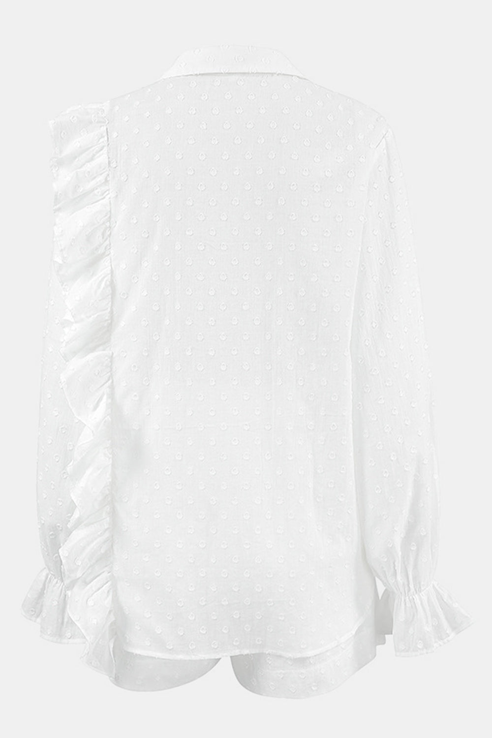 White textured ruffle trim shirt set with collared neckline and long sleeves.