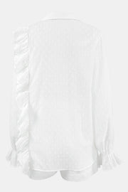 White textured ruffle trim shirt set with collared neckline and long sleeves.