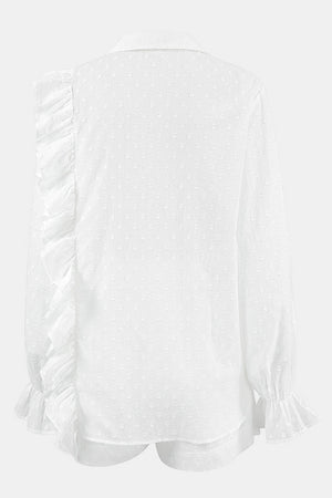 White textured ruffle trim shirt set with collared neckline and long sleeves.