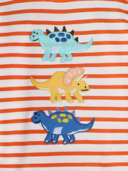 Baby tee with multicolor dinosaur appliques on orange and white stripes