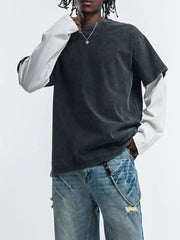 Men's black fake two-piece long sleeve t-shirt with white undersleeve.