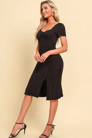 Black ruched bust midi dress with short sleeves and thigh slit
