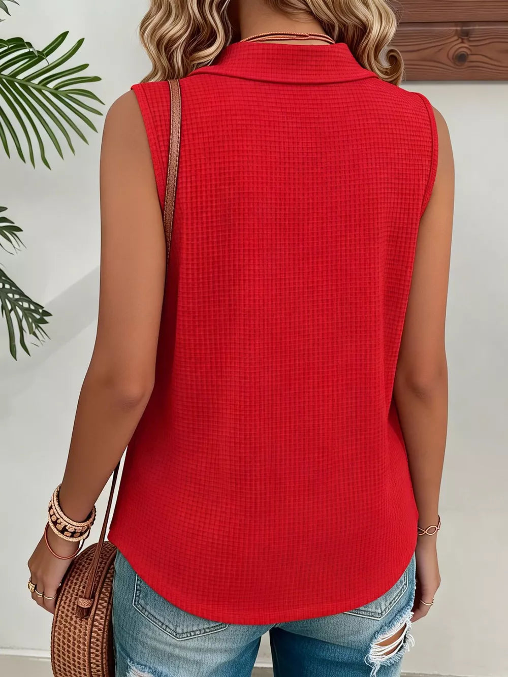 Full Size Waffle Knit Button Detail Sleeveless Top in Black, close-up detail
