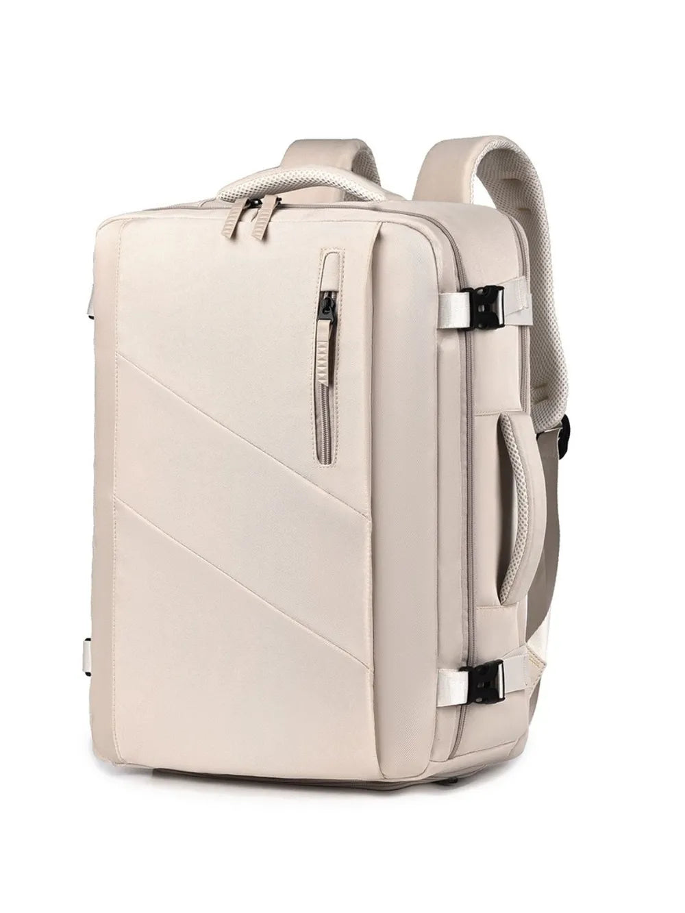 Beige structured backpack with shoe compartment, adjustable straps, and front zip pocket.