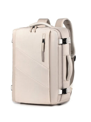 Beige structured backpack with shoe compartment, adjustable straps, and front zip pocket.