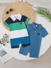 Color block polo romper for baby boys with horse embroidery, featuring navy, green, white, and blue stripes.