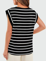 Black and white striped sleeveless tank top with shoulder detail.