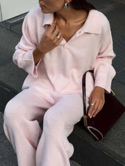Pink knit polo collar sweater with wide-leg pants set