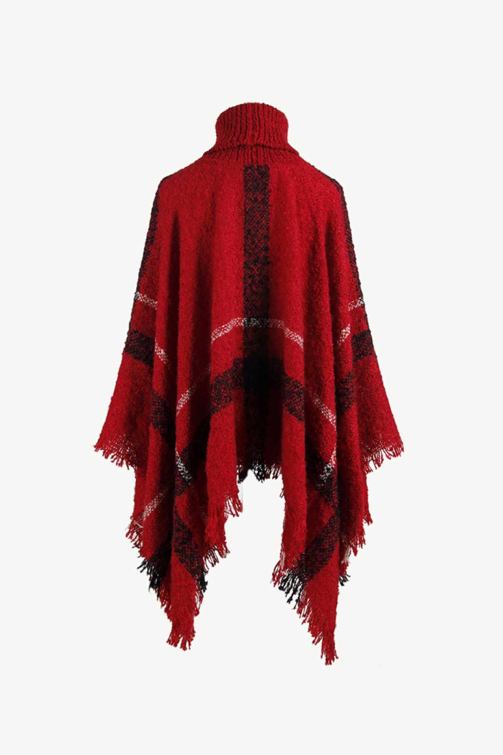 Deep Red plaid turtleneck cape with fringe detail and textured acrylic knit.