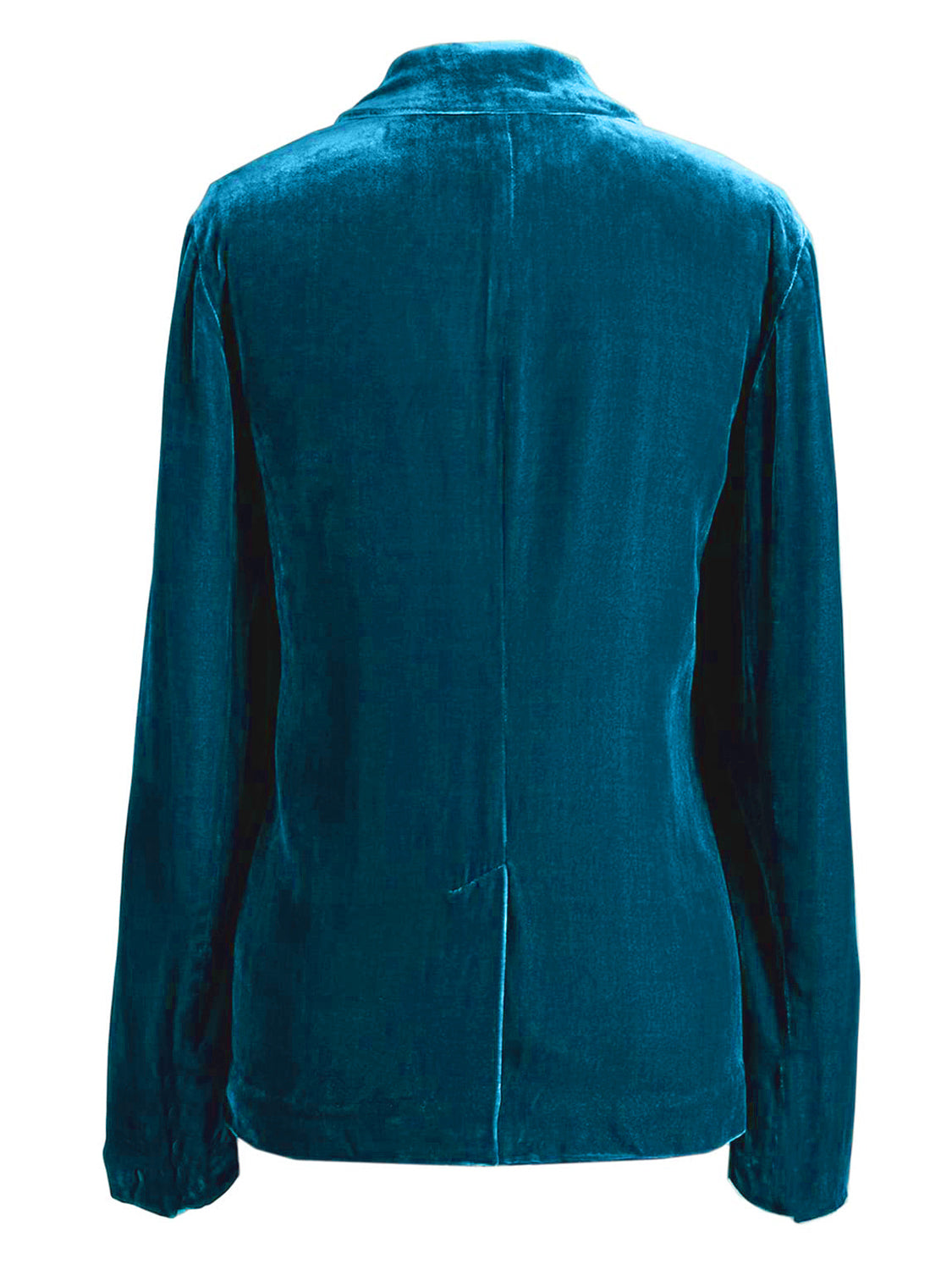 Peacock blue velvet blazer with rolled cuff detail and buttoned front.