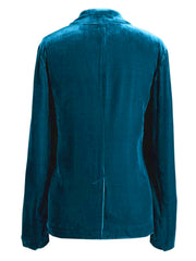 Peacock blue velvet blazer with rolled cuff detail and buttoned front.